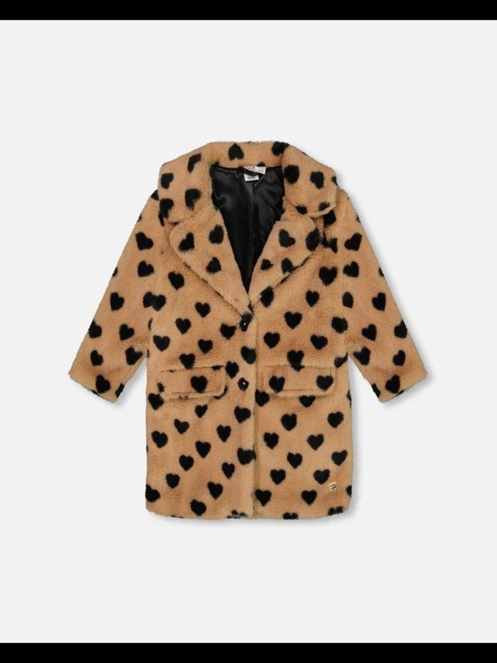 deux par deux Tan Faux Fur Coat with Black Heart Print